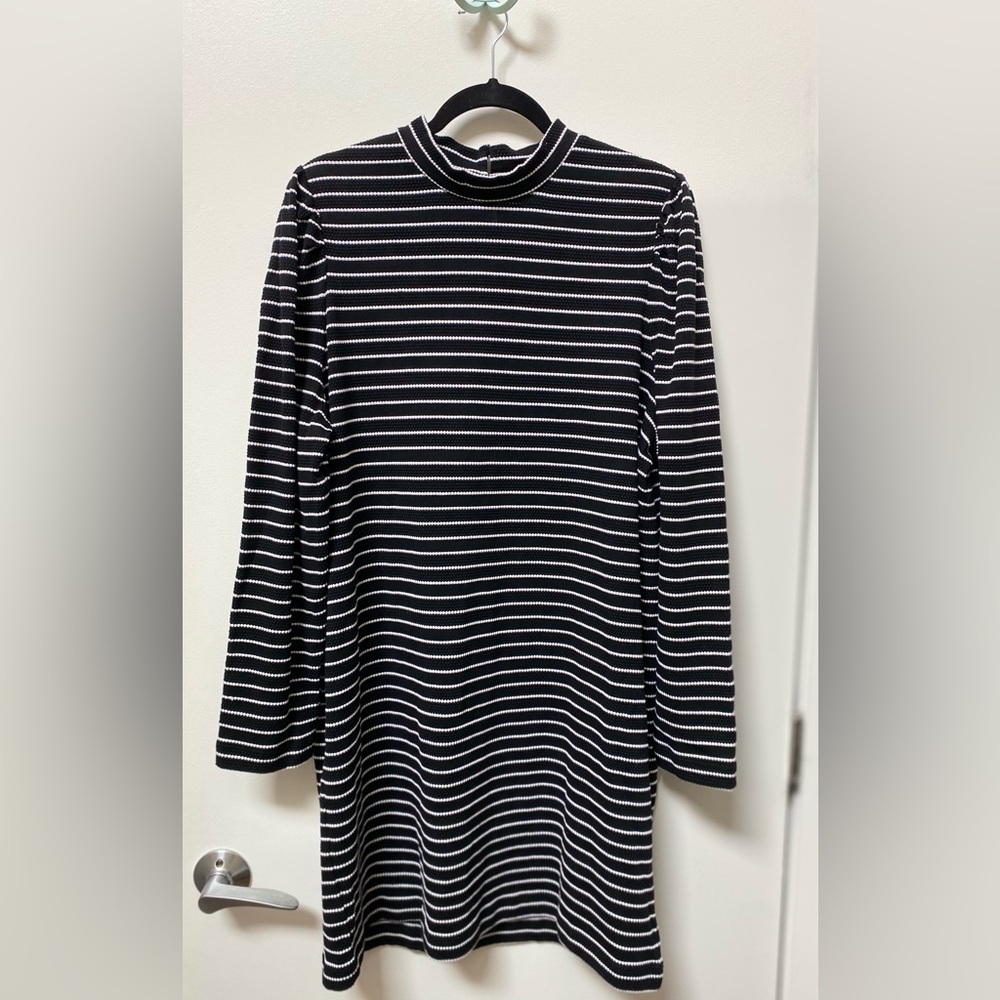 Loft Black and White Striped Mock Neck Knit Dress